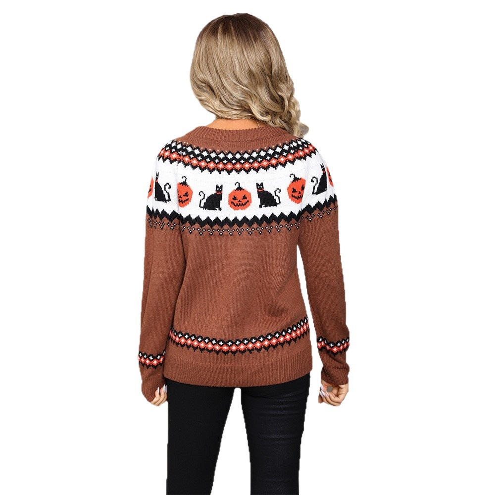 Plus Size Acrylic Jacquard Knit Sweater with Pumpkin Cat Smiley Graphic