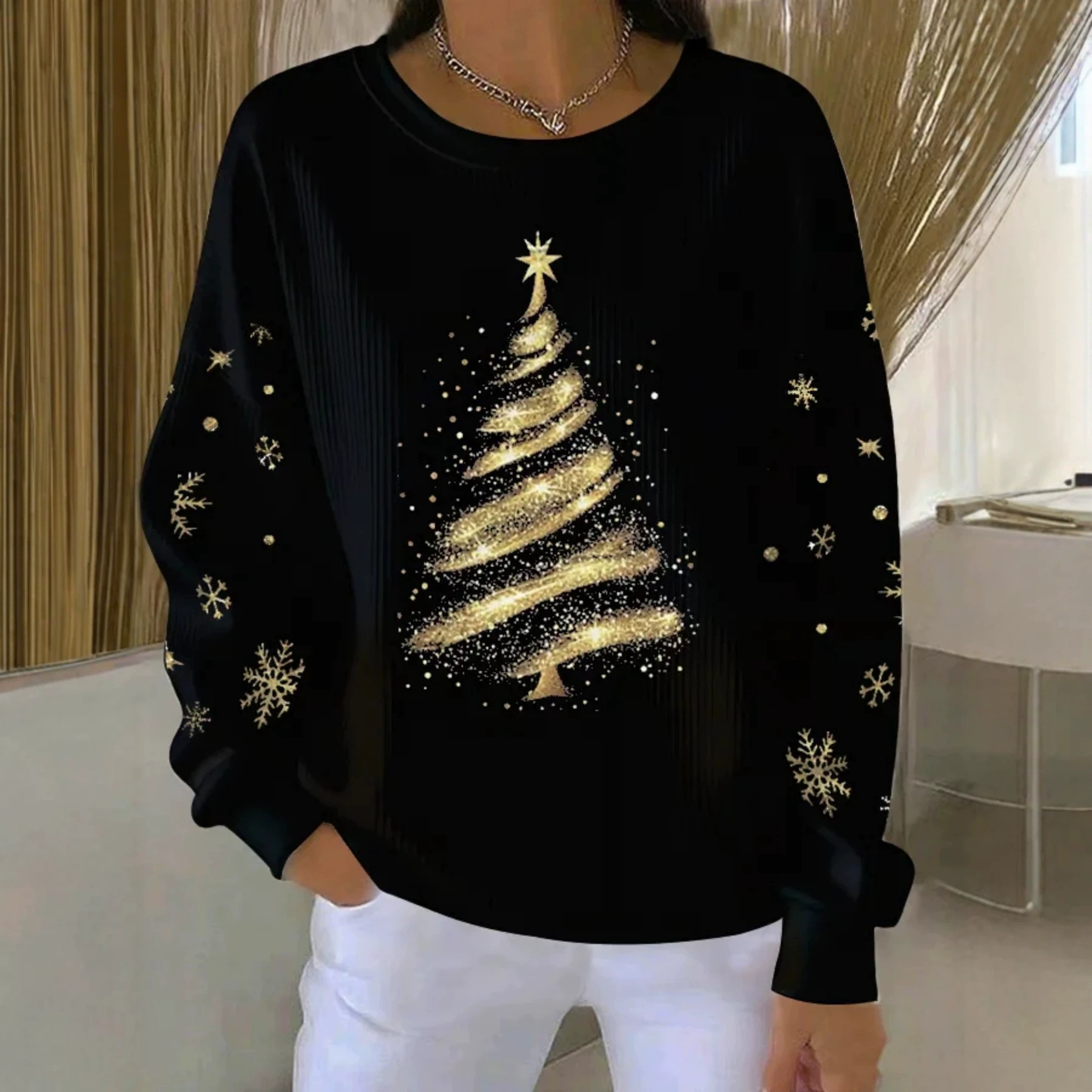 Christmas Print Crewneck Long Sleeve Pullover Sweatshirt