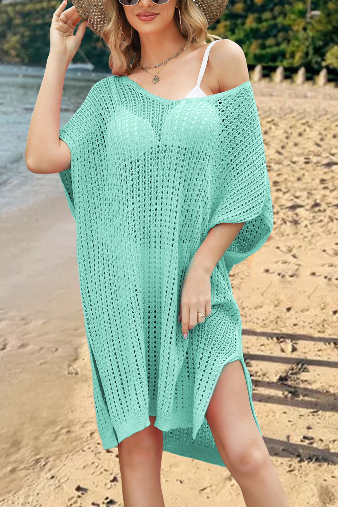 Women's Plus Size Sheer Knit Beach Cover-Up Dress