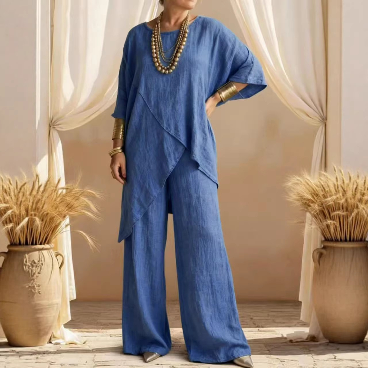 Women's Casual Solid Color Short Sleeve Cotton Linen Two-Piece Set