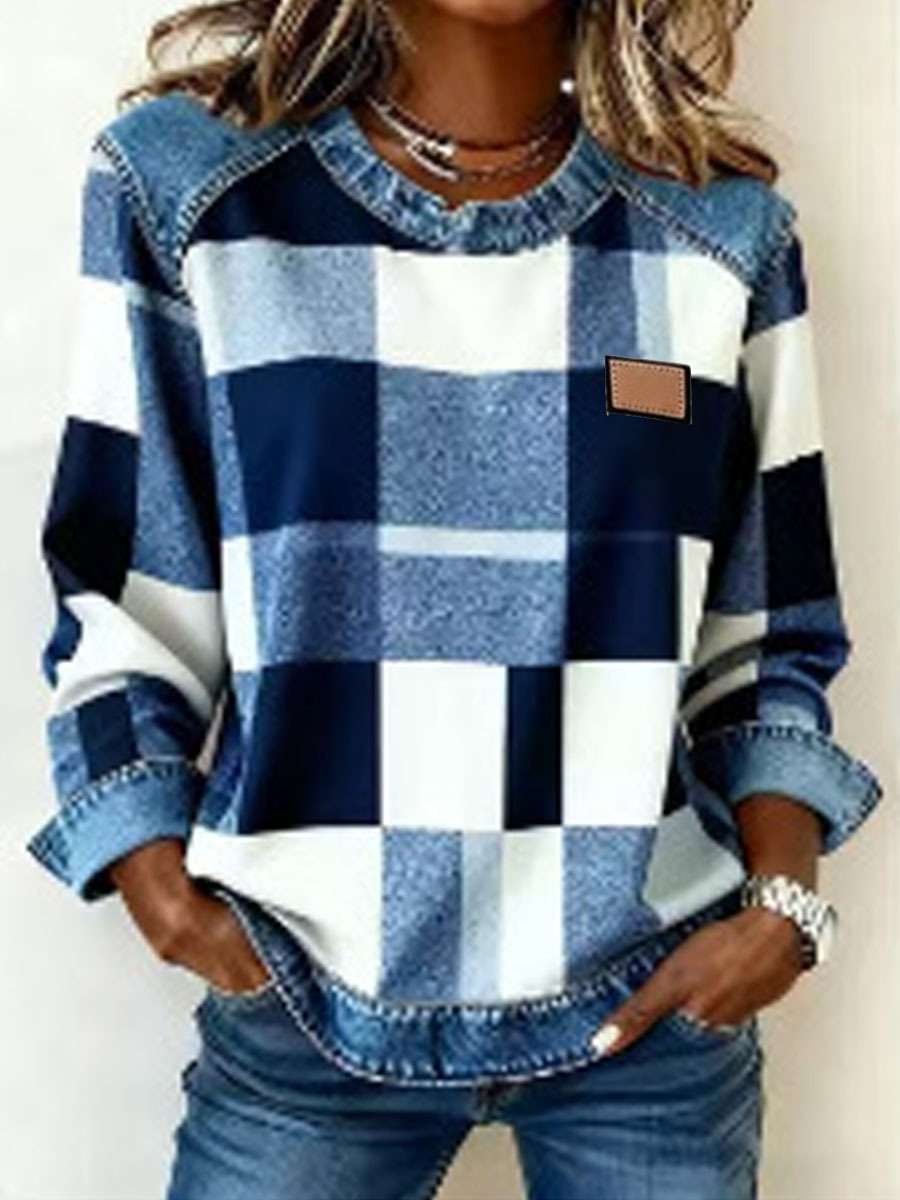 Plaid Spliced Denim Crewneck Loose Women's Sweatshirt