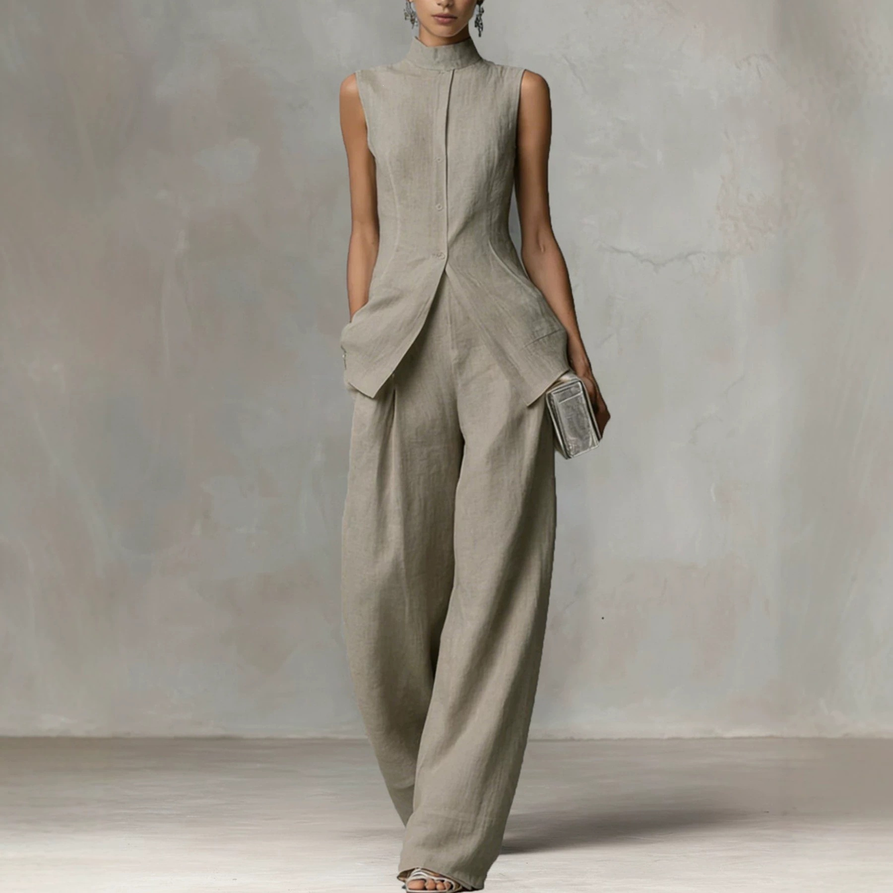 Women's Sleeveless Shirt and Pants Set with Drape, Casual Chic Two-Piece Outfit
