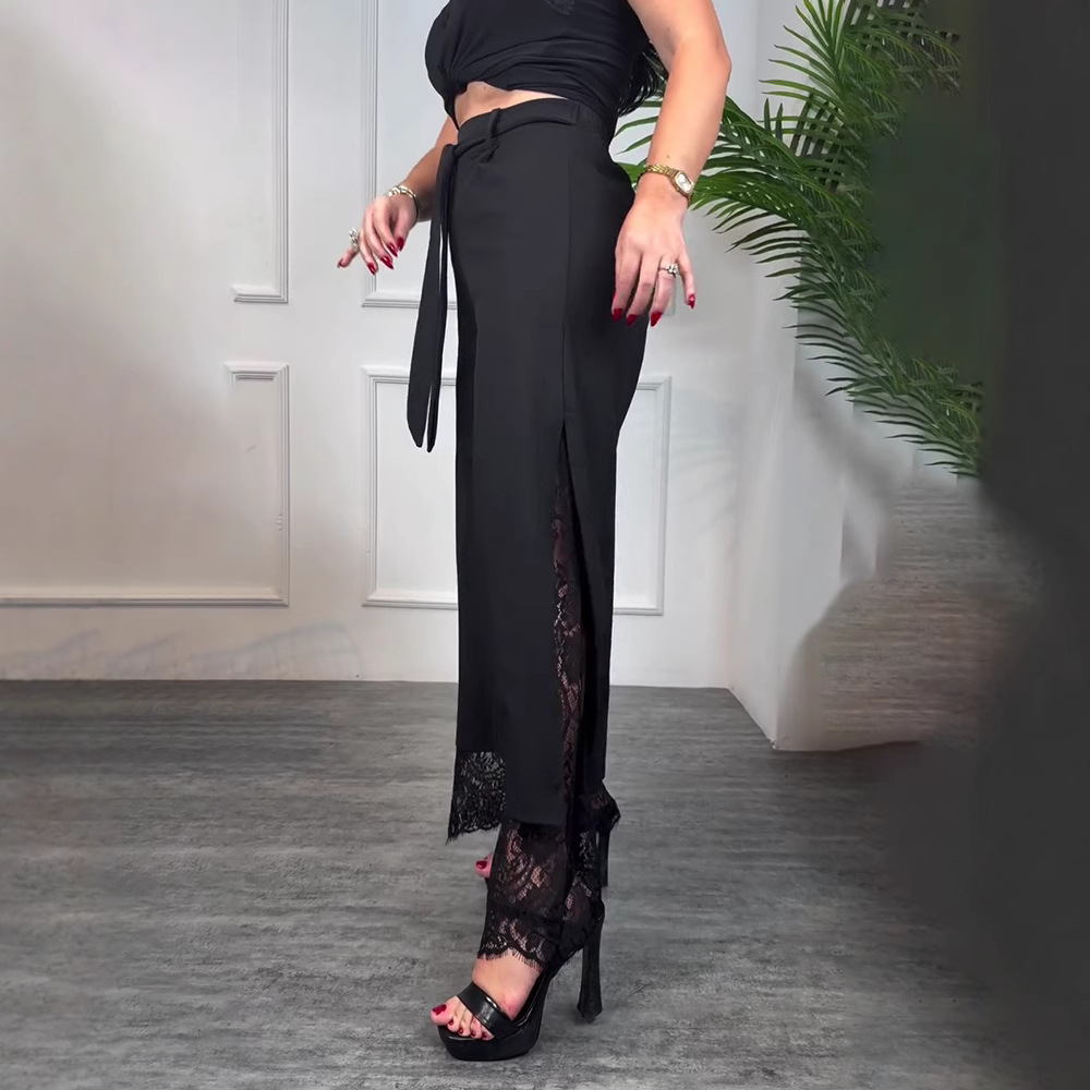 Women's Lace Patchwork Lace-Up High Waist Straight Leg Pants