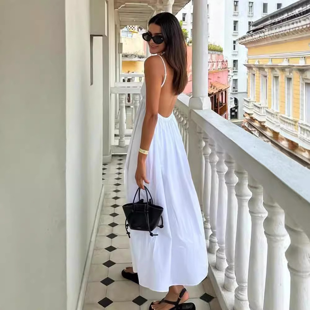Solid Color Spaghetti Strap Loose A-Line Dress with V-Neck, High Waist, Open Back, Midi Length
