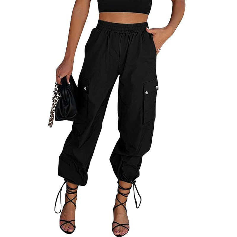 Women's High-Waist Parachute Cargo Pants with Drawstring and Pockets