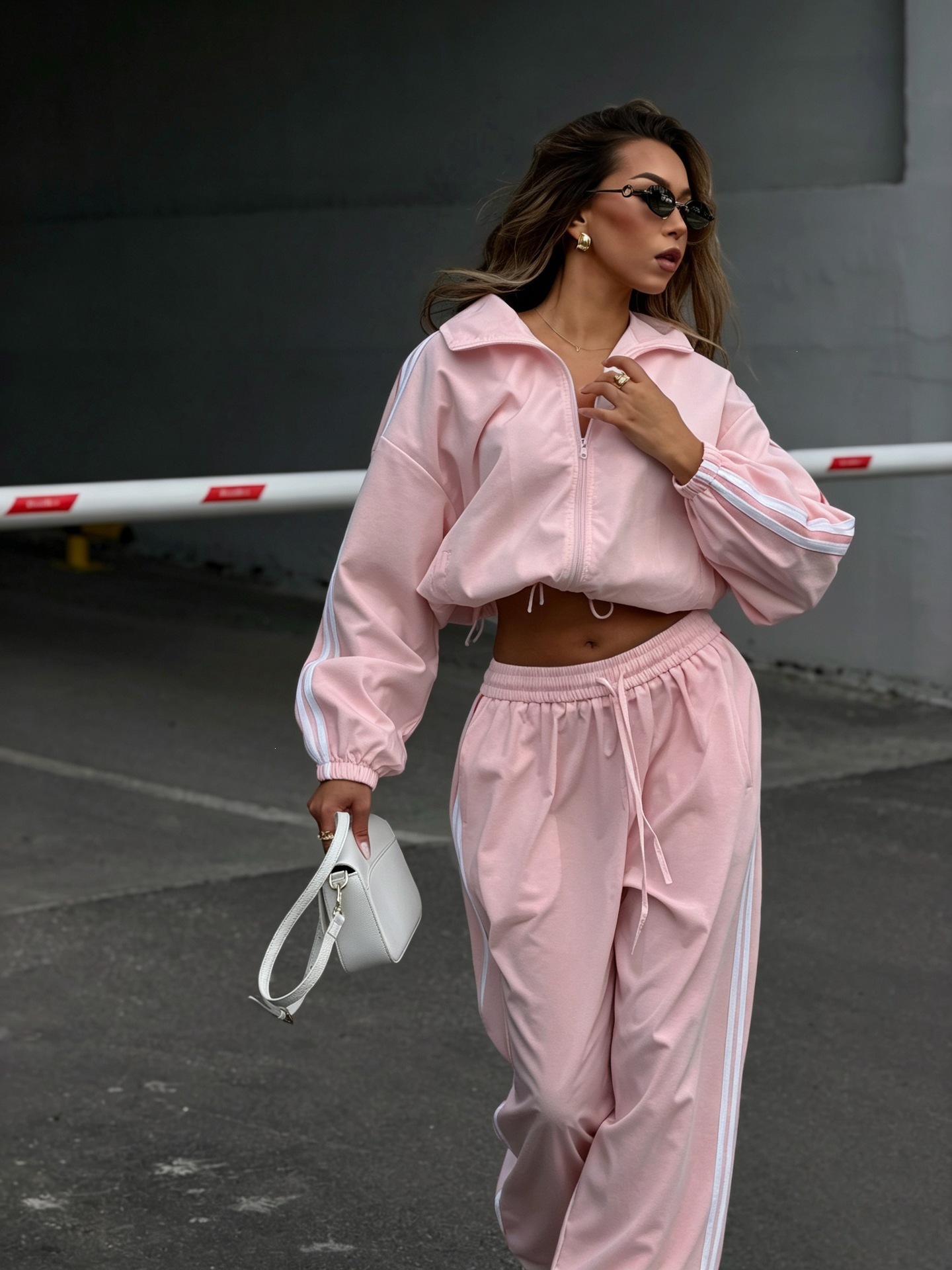 Retro Three-Stripe Zip-Up Tracksuit with Drawstring Pants