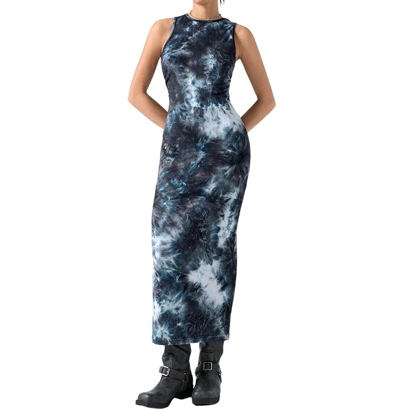 Sleeveless Tie-Dye Maxi Dress with Irregular Buttons