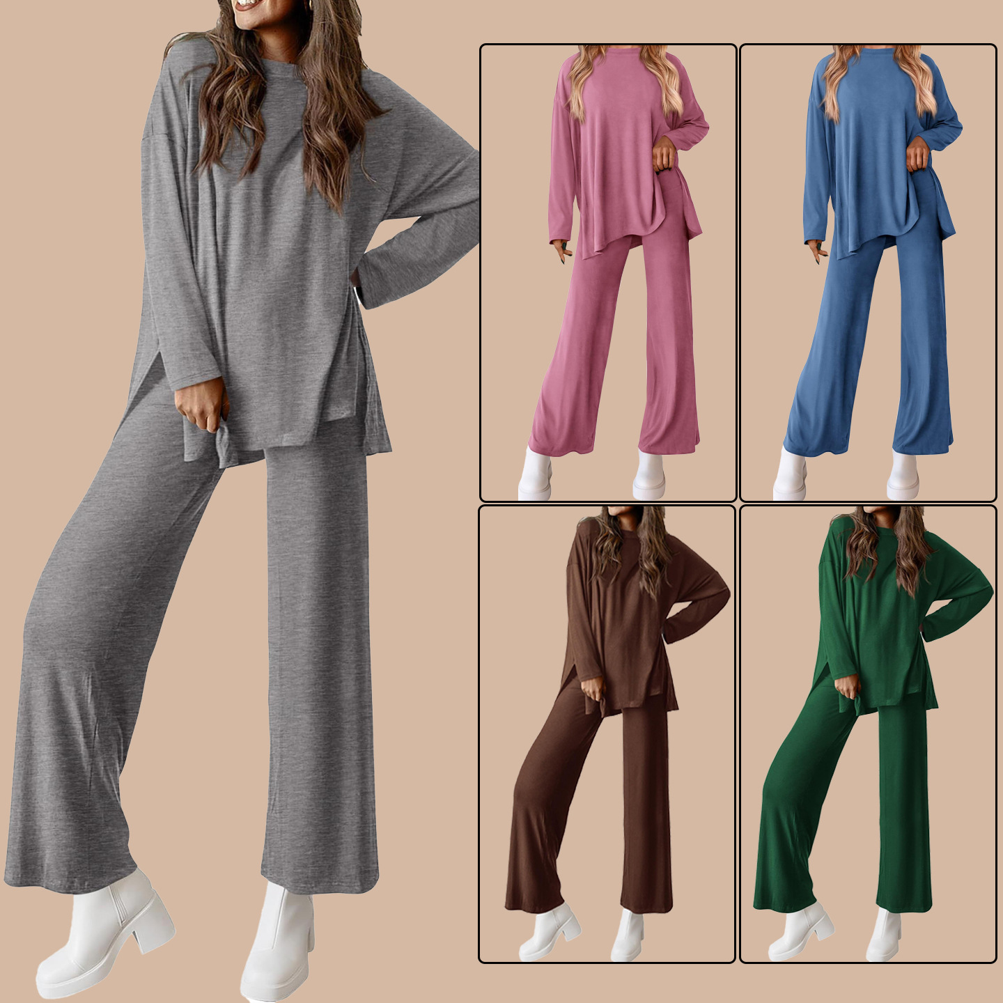 Women's Solid Color Crewneck Long Sleeve Wide Leg Pants Lounge Set