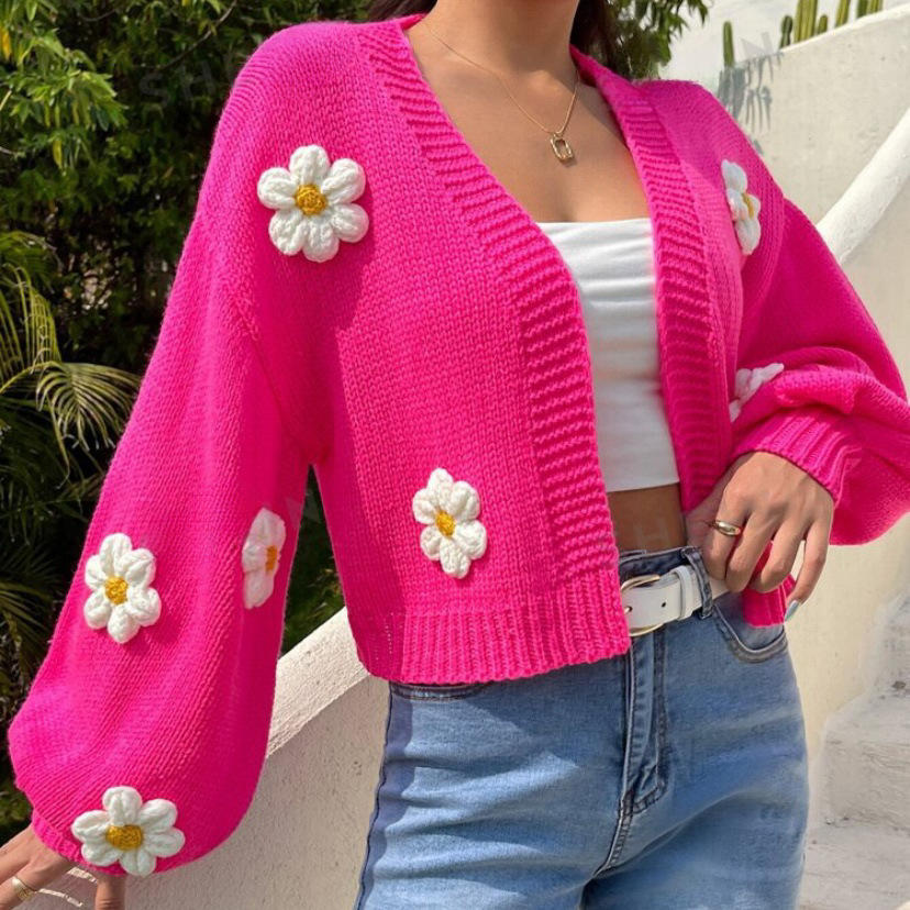 Women's 3D Floral Cardigan Sweater Short Loose Knit V-Neck