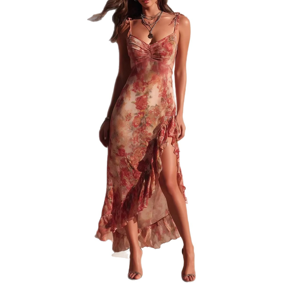 French Romantic Floral Print Halter Midi Dress