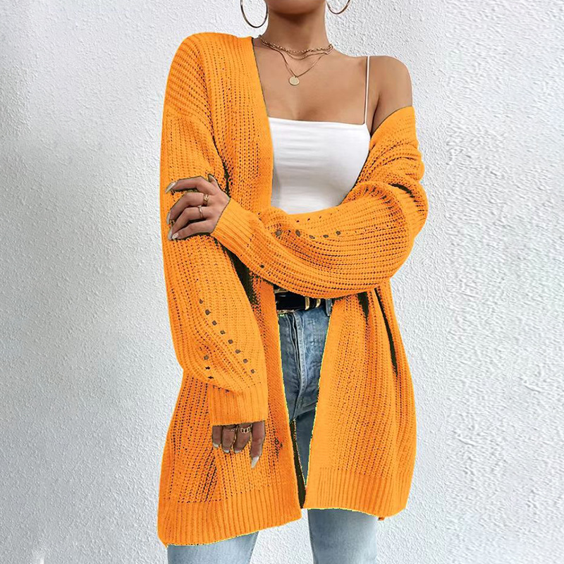 Women's Mid-Length Knit Cardigan Lightweight Open Front Long Sleeve Solid Color