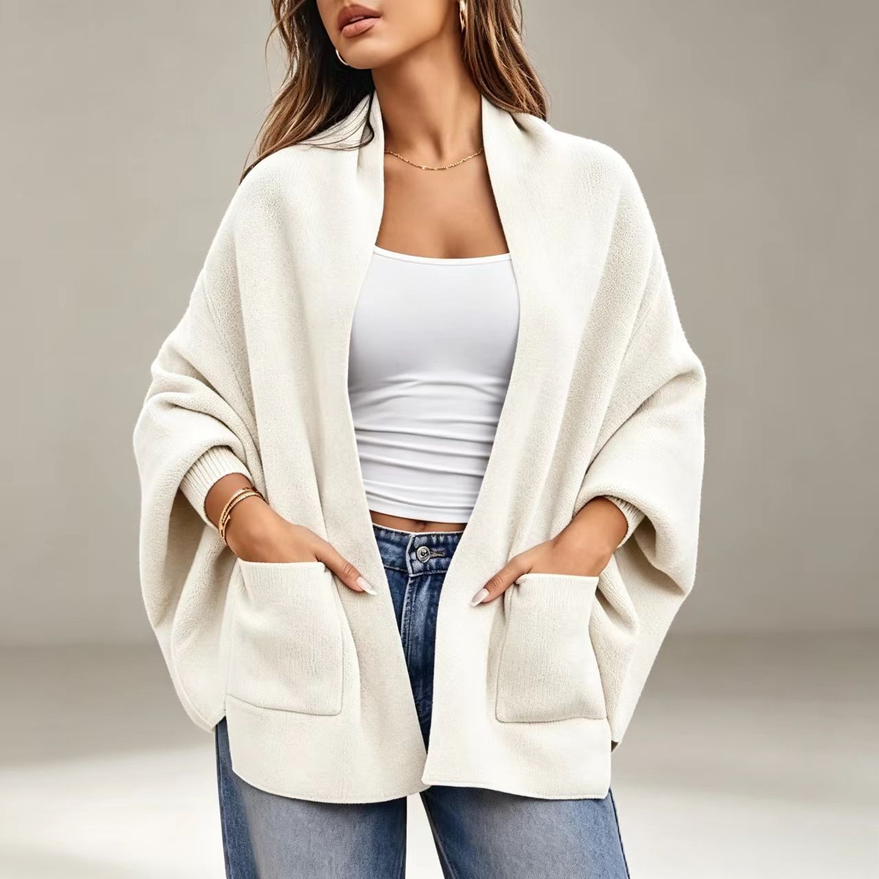 Women's Solid Knit Cardigan Sweater, Loose V-Neck Batwing Sleeve Mid-Length