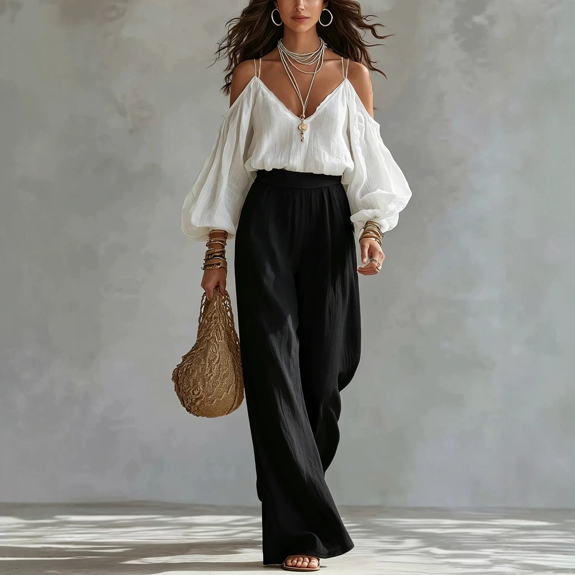 Off-Shoulder Cami Bubble-Sleeve Top & Wide-Leg Pants Two-Piece Set