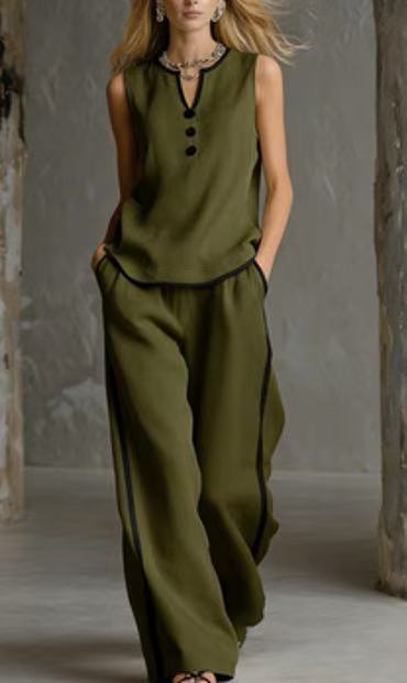 Sleeveless V-Neck Colorblock Wide-Leg Pant Set