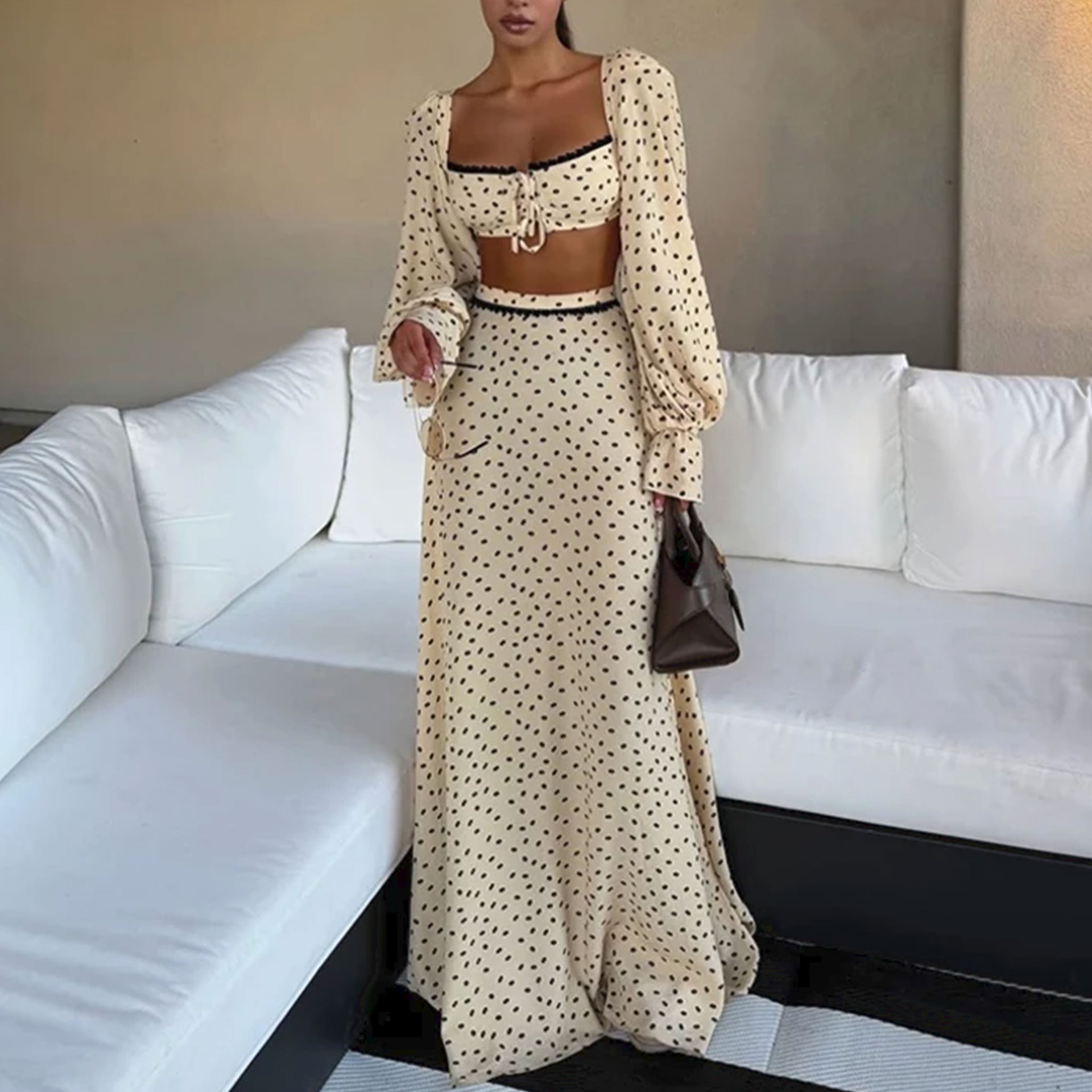 Women's Polka Dot Two-Piece Crop Top and Long Skirt Set