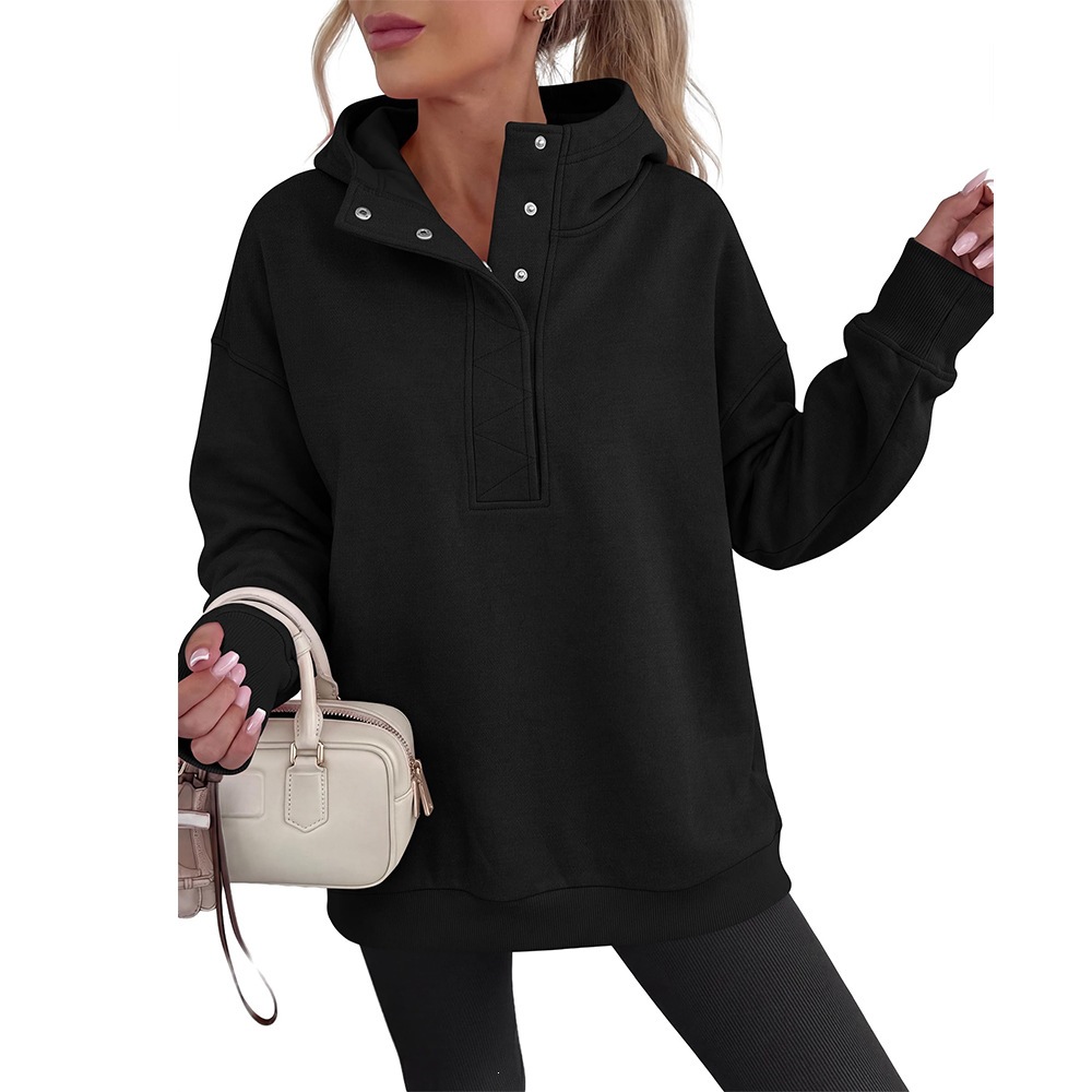 Women's Half-Button Hooded Sweatshirt Long Sleeve Loose Fit