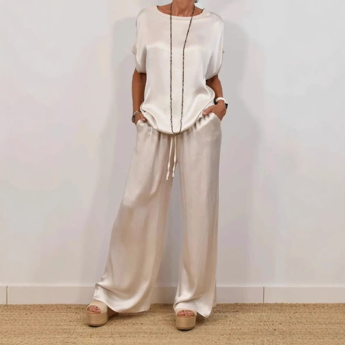 Relaxed-Fit Shirt & Wide-Leg Pants Casual Set
