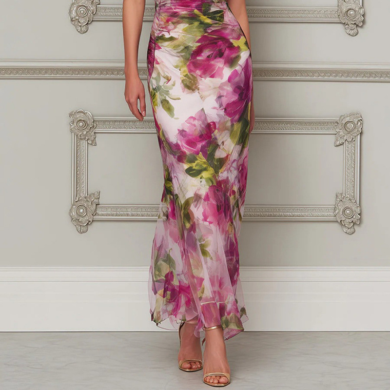 Women's Draped Neck Mermaid Maxi Dress Slim Fit Floral Print