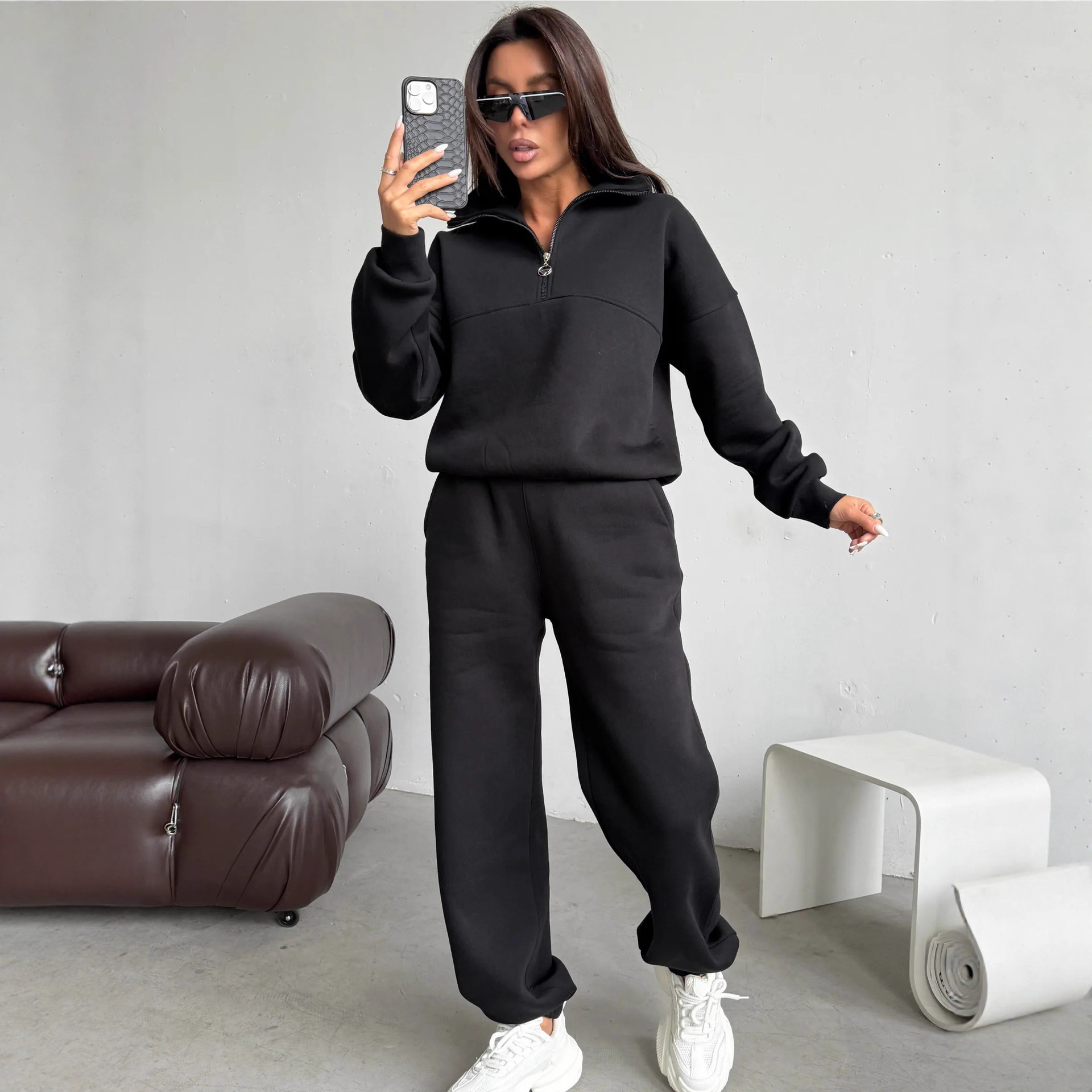 Women's Half-Zip Pullover Hoodie and Jogger Pants Two-Piece Set