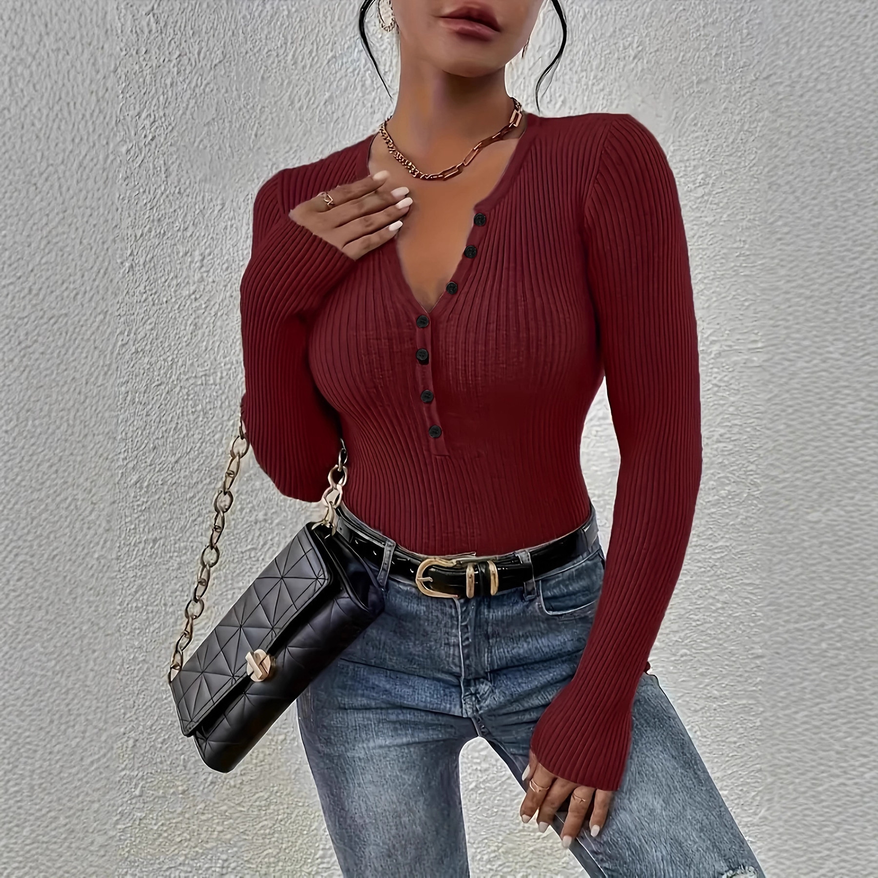 Women's Slim Fit Solid Color Button Neck Knit Sweater Long Sleeve Pullover