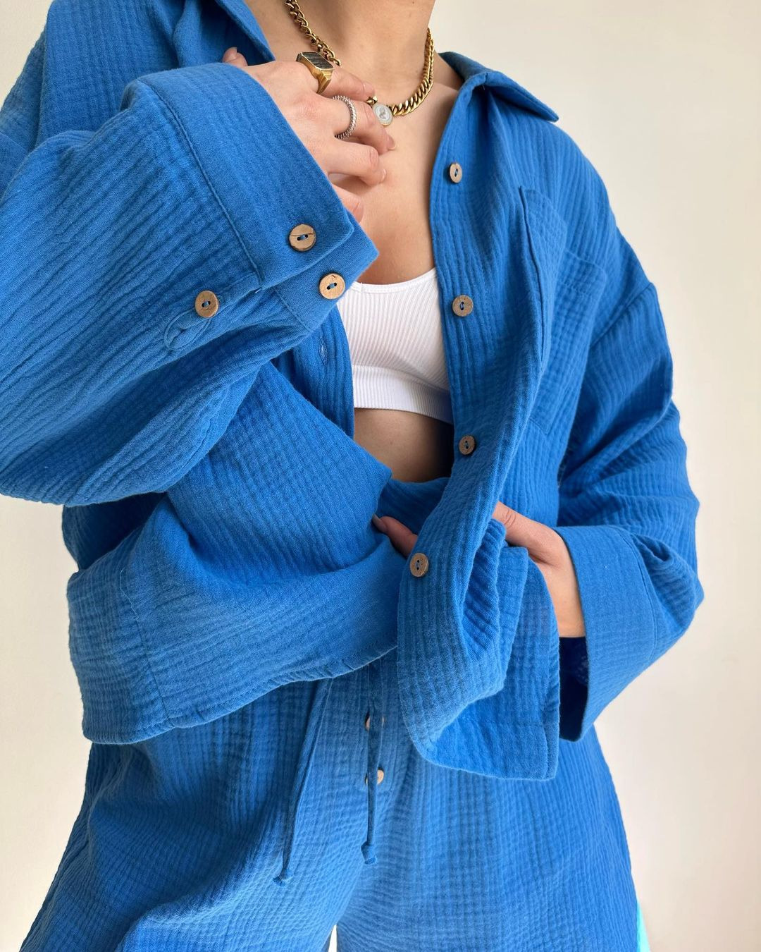 Women's Textured Collared Long Sleeve Shirt and Drawstring Shorts Set