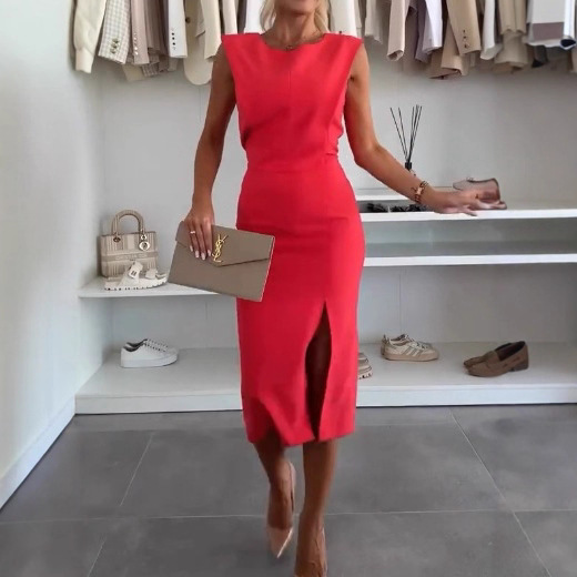 Elegant Solid Crewneck Zip-Up Slim Fit Long Dress
