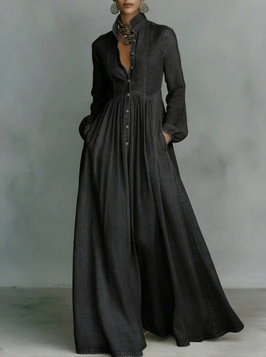 Women's Denim Maxi Dress with Asymmetric One-Shoulder and Flared Skirt