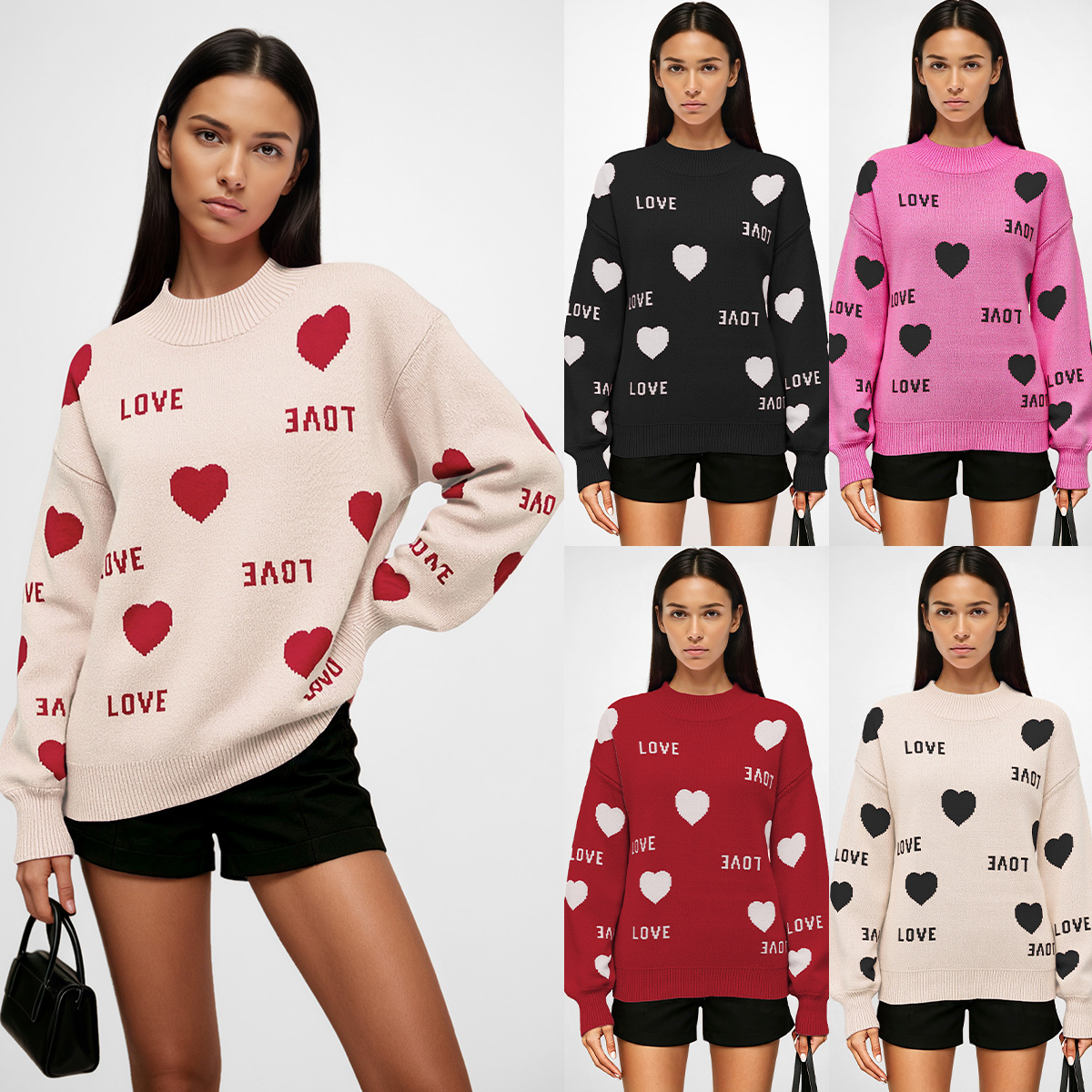 Heart Crewneck Knit Sweater Colorblock Pullover