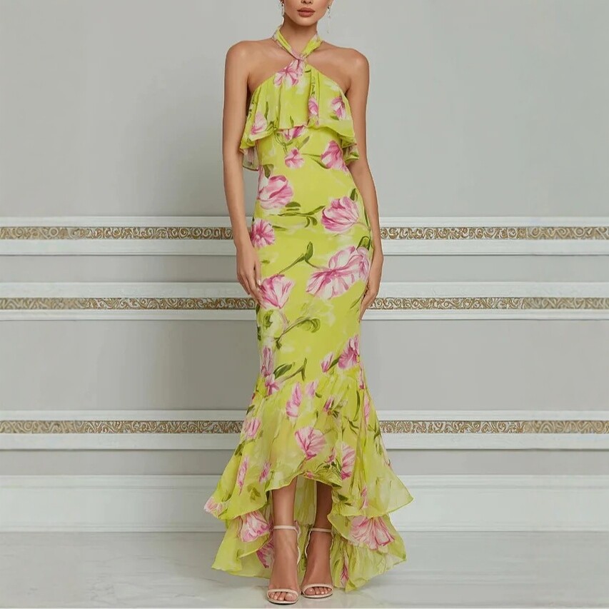 Halter Neck Floral Ruffle Maxi Dress Slimming Asymmetric Vacation Dress