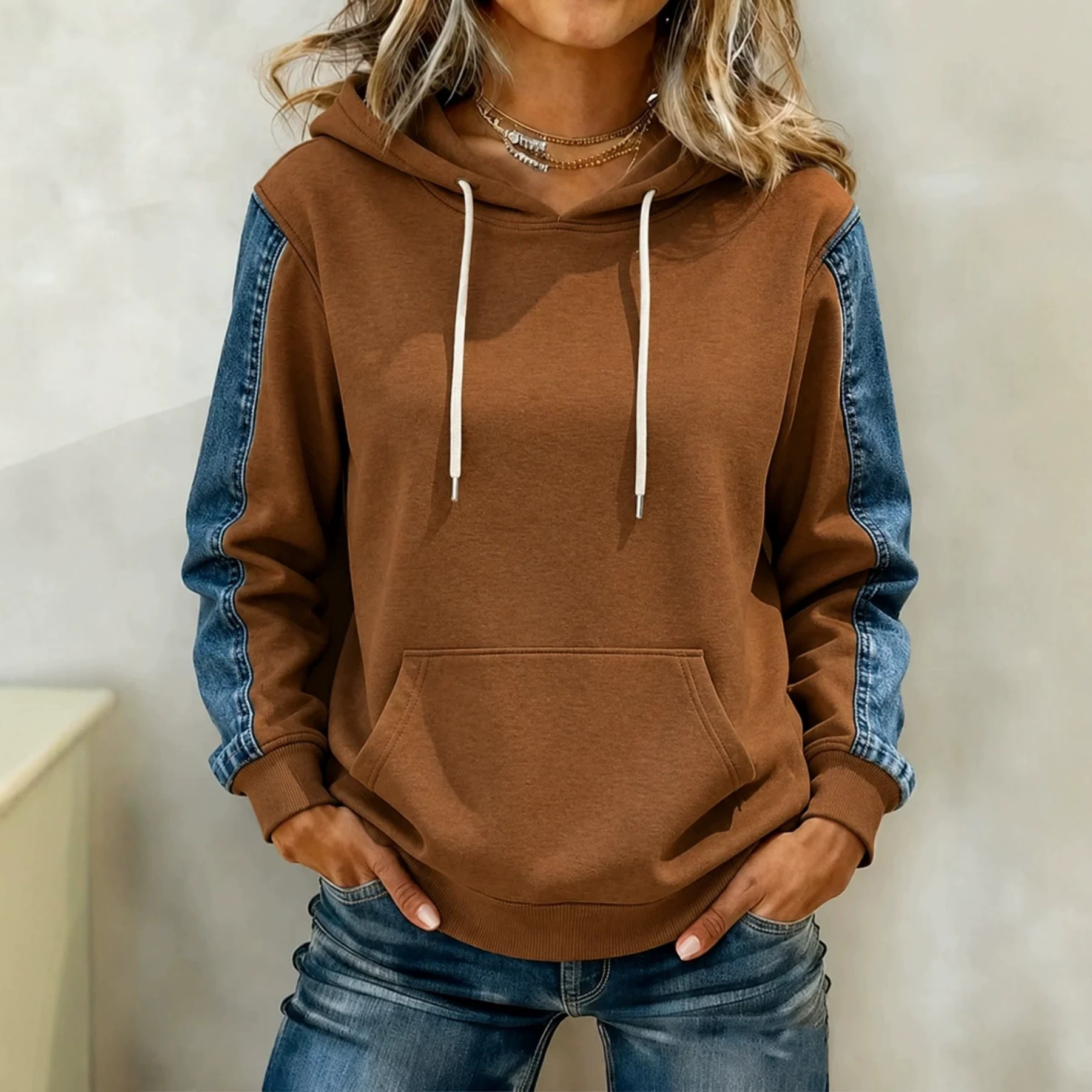 Minimalist 3D Print Color-Block Loose Hoodie