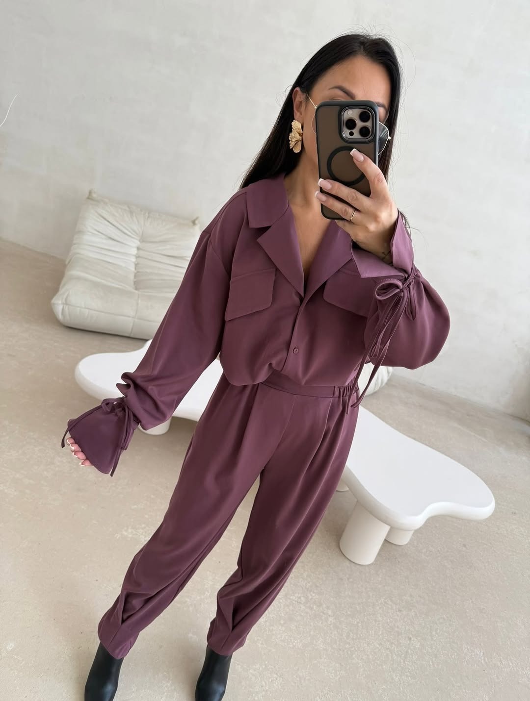 Women's Crepe Collared Long-Sleeve Shirt & Pants Set
