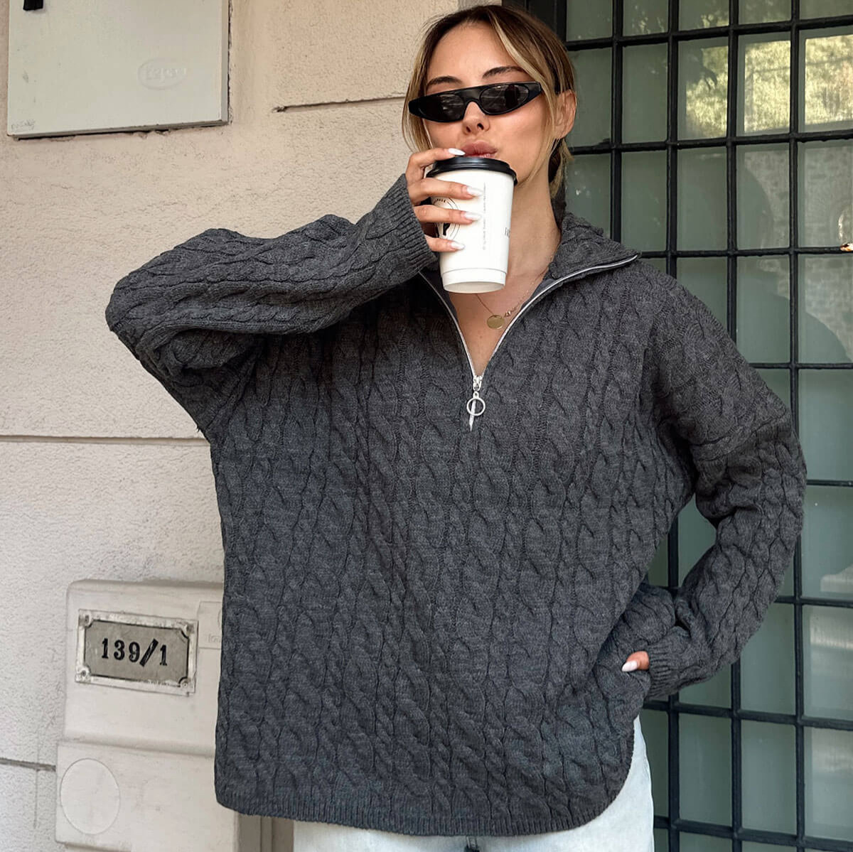 Half-Zip Knit Pullover Sweater with Collar
