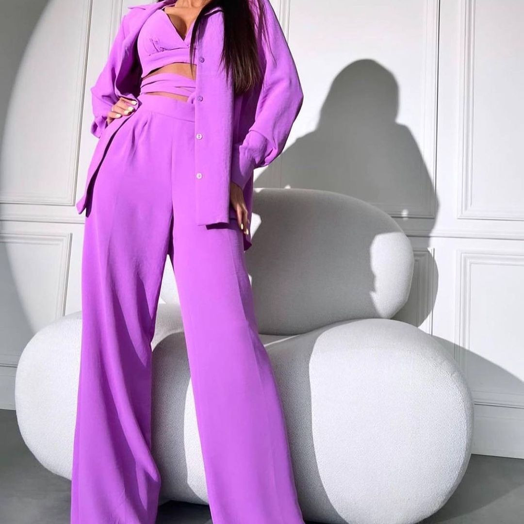 Lace-Up Cami Top and High-Waist Straight Pants Suit with Blazer