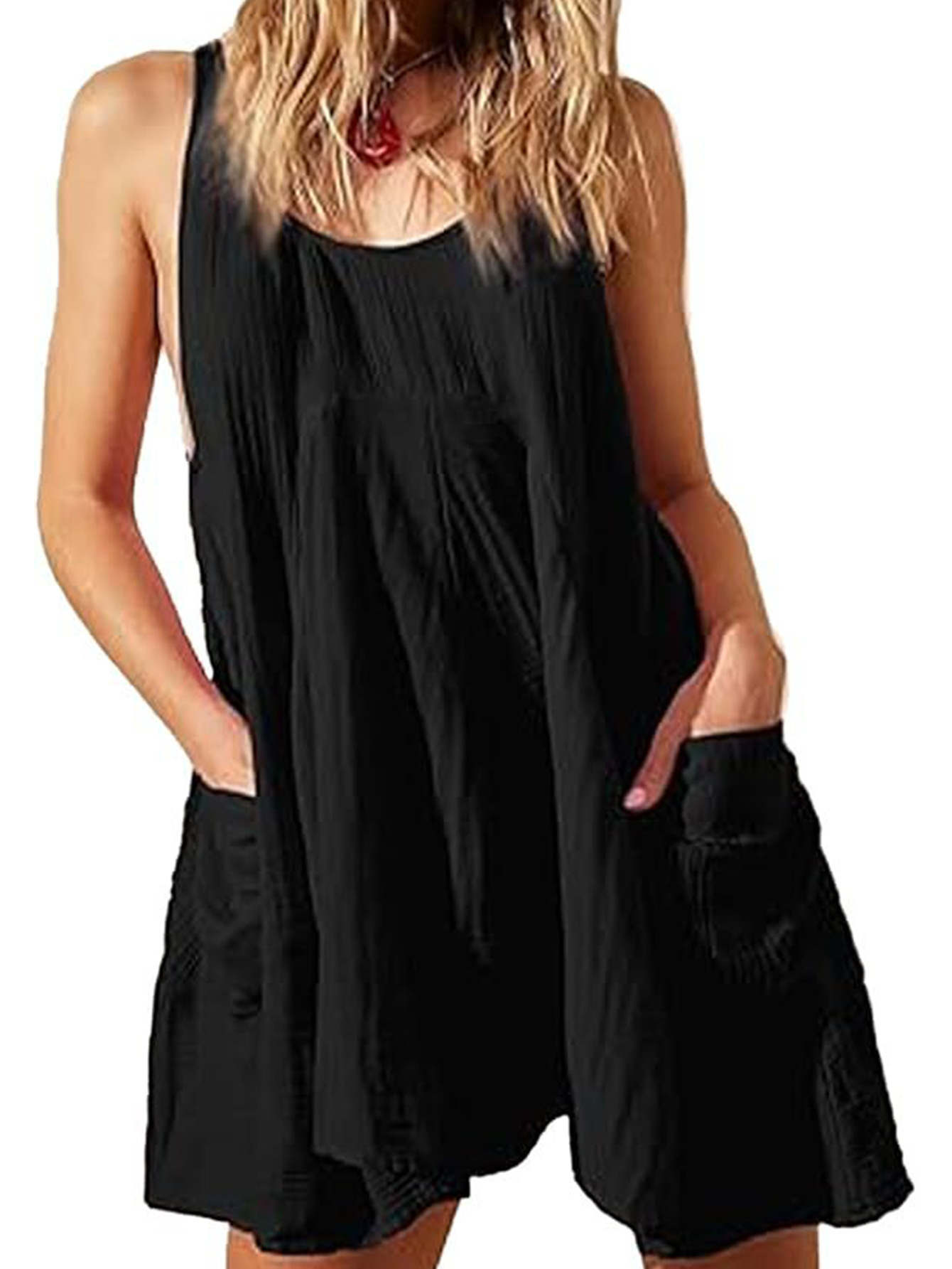 Women's Solid Color Sleeveless A-Line Midi Dress with Pockets