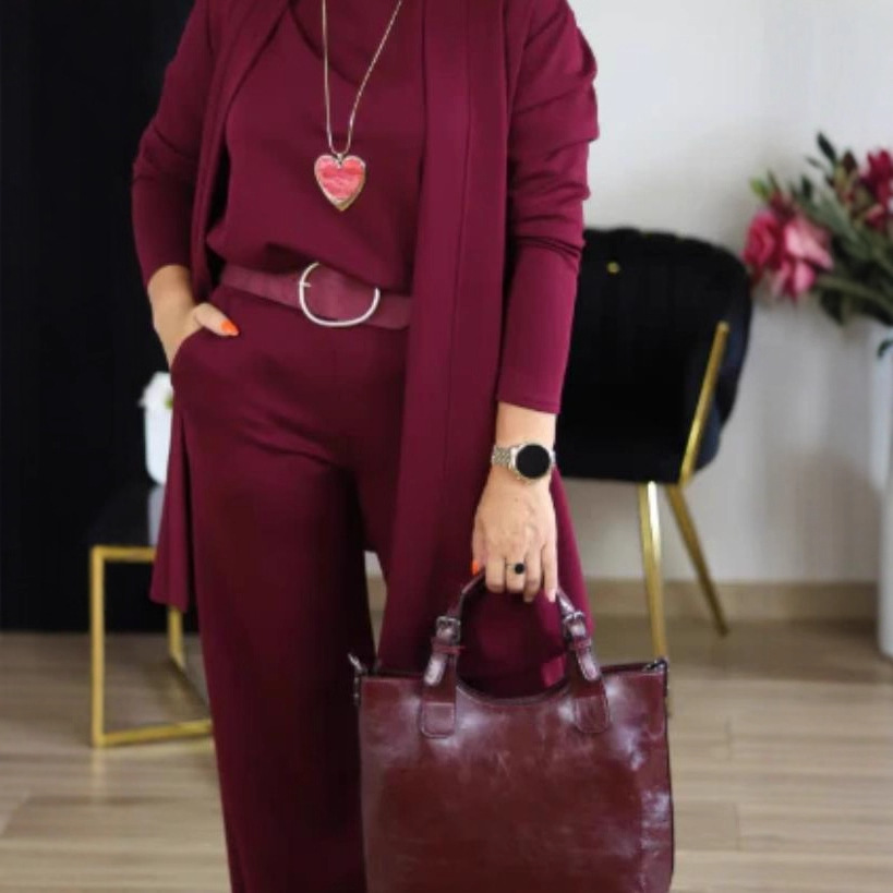 Women's Solid Color Elegant Commuter Long Sleeve Cardigan Hoodie Wide Leg Pants 3-Piece Set