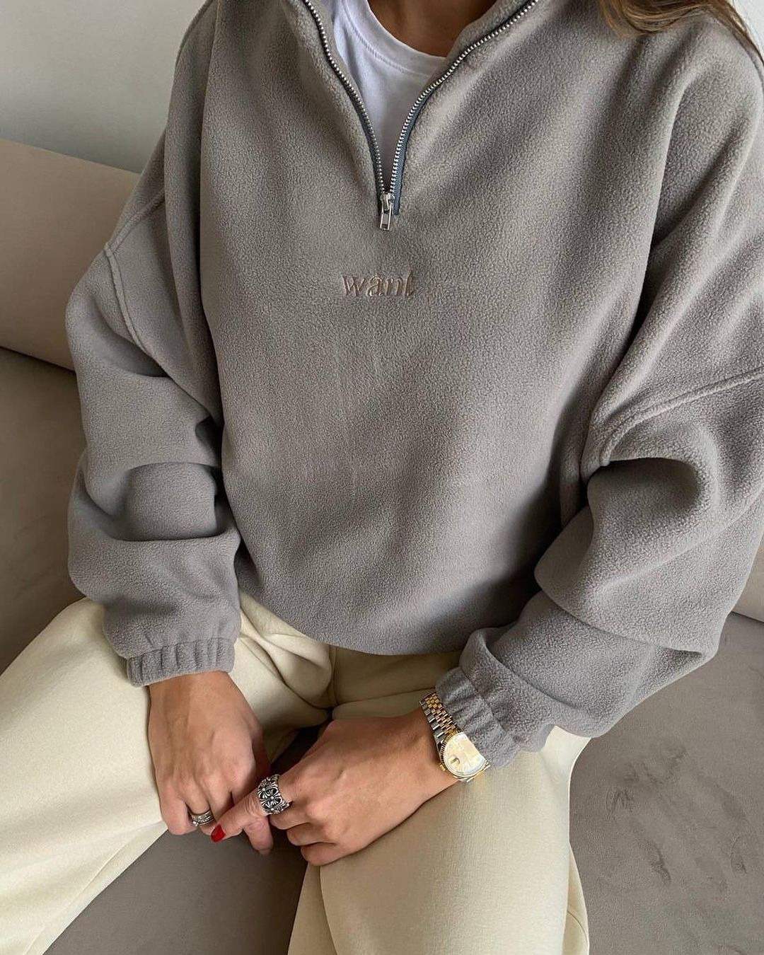 Women's Loose Zip-Up High Neck Sweatshirt with Letter Embroidery