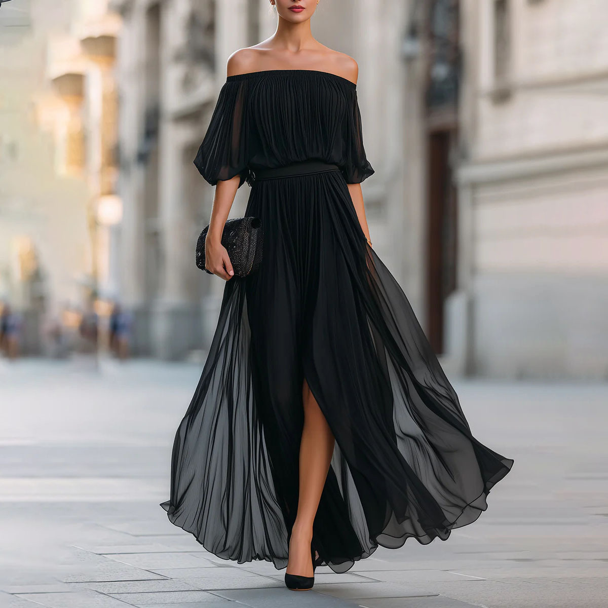Off-Shoulder Ruched Solid Color Long Dress