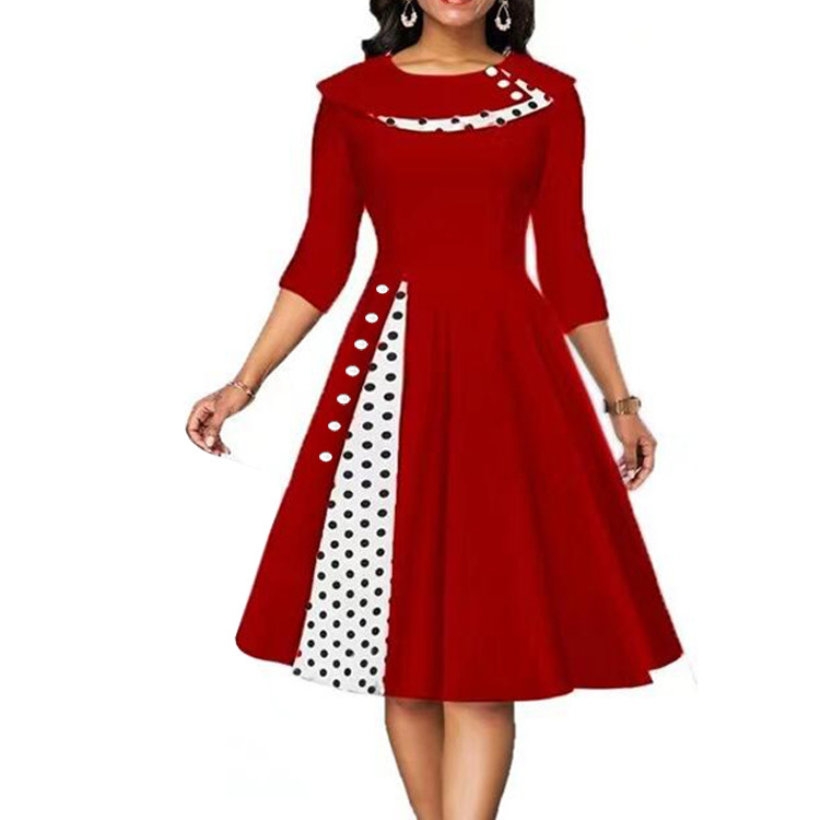 Women's Retro Polka Dot Waist-Cinched Flared Midi Dress