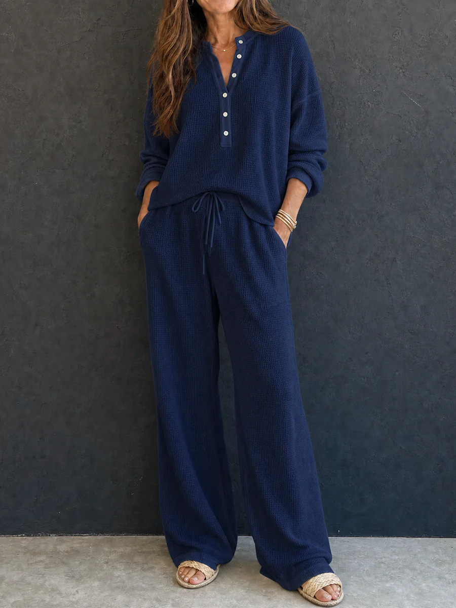 Women's Waffle Knit Long Sleeve Top & Wide Leg Pants Set Solid Color