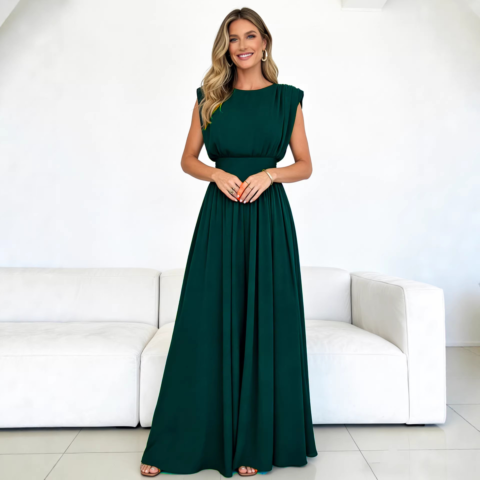 Pleated Long Dress with Cinched Waist and Round Neck