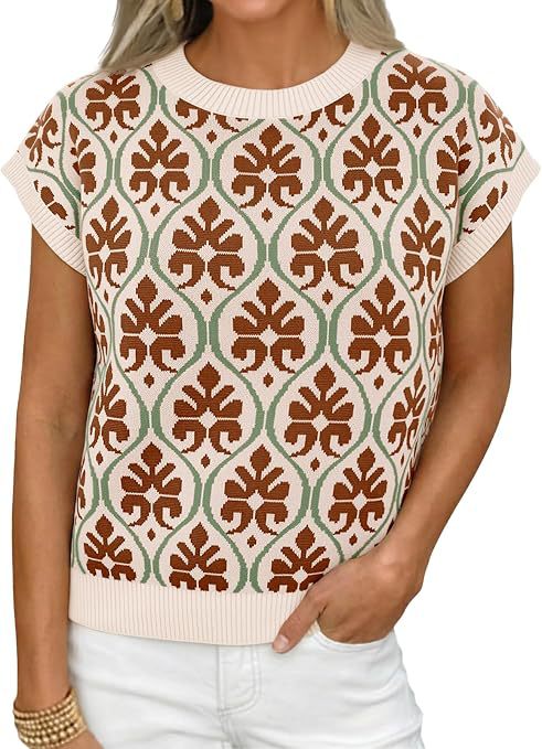 Women's Floral Knit Short Sleeve Sweater Vintage Crew Neck Loose Summer Pullover