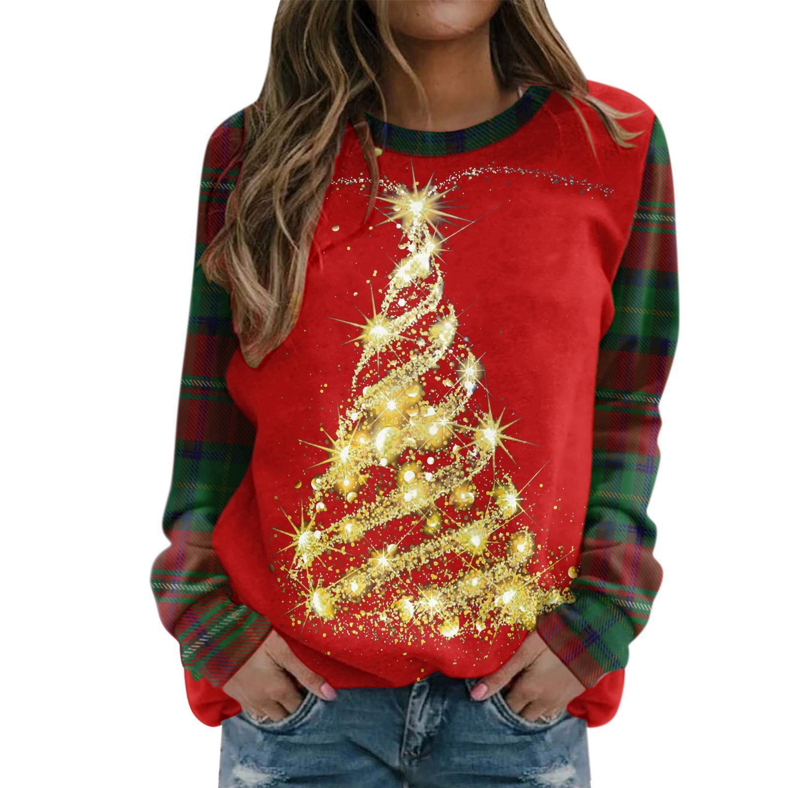 Women's Christmas Tree Grinch Reindeer Print Crewneck Sweatshirt
