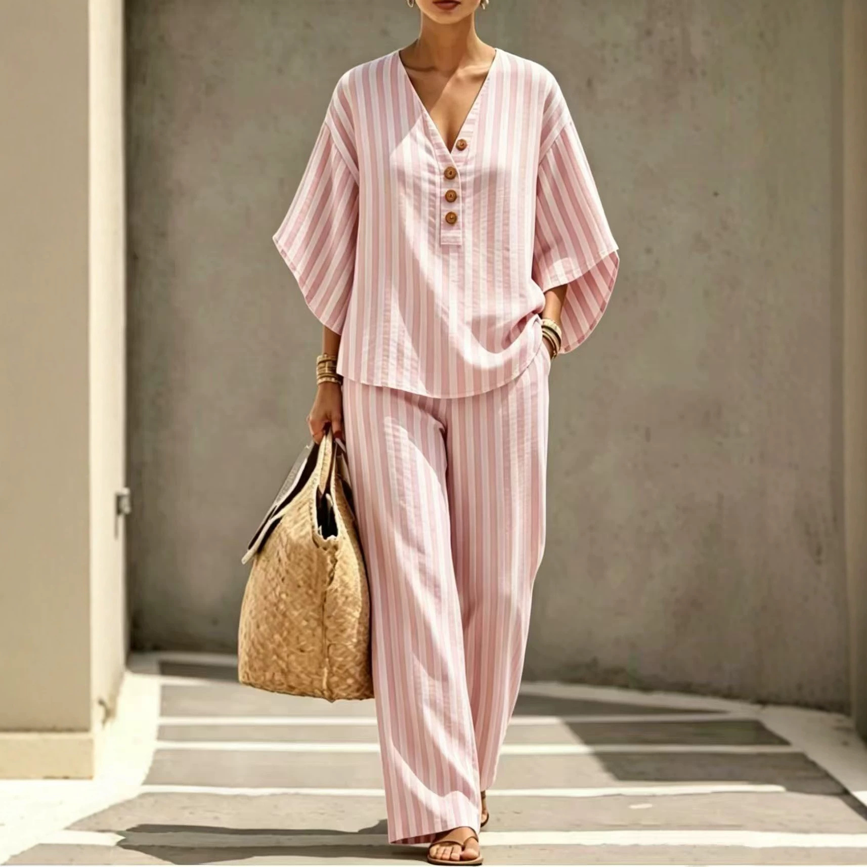 Women's Striped Print Three-Button Pant Set with Mid-Sleeve Top