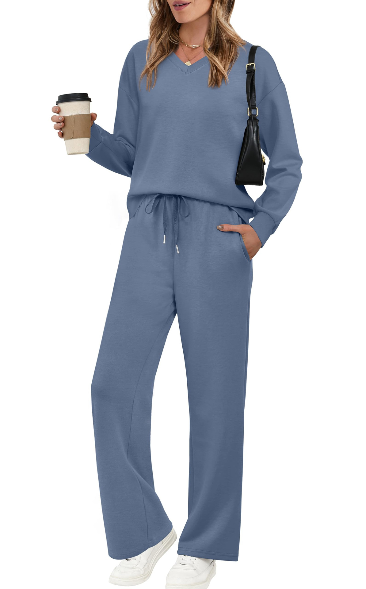 Women's Long Sleeve Drawstring Solid Color Casual Pants Set