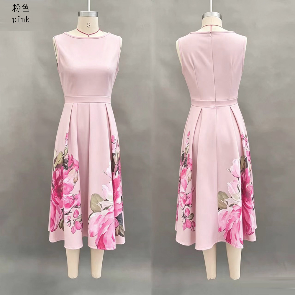 Women's Sleeveless Floral Print A-Line Midi Dress with Cinched Waist