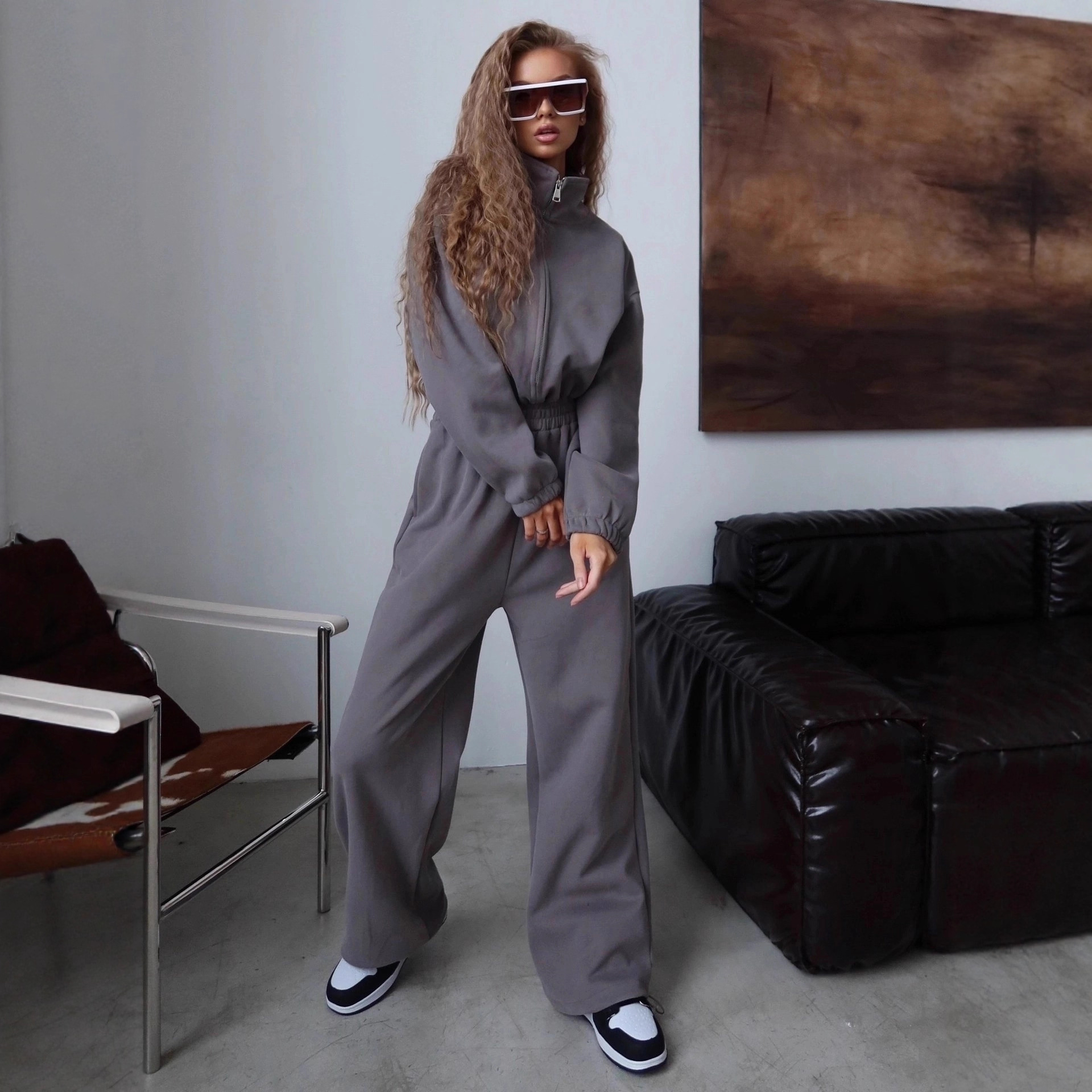 Women's Cotton-Blend Long-Sleeve Zip-Front Collared Jumpsuit Solid Color