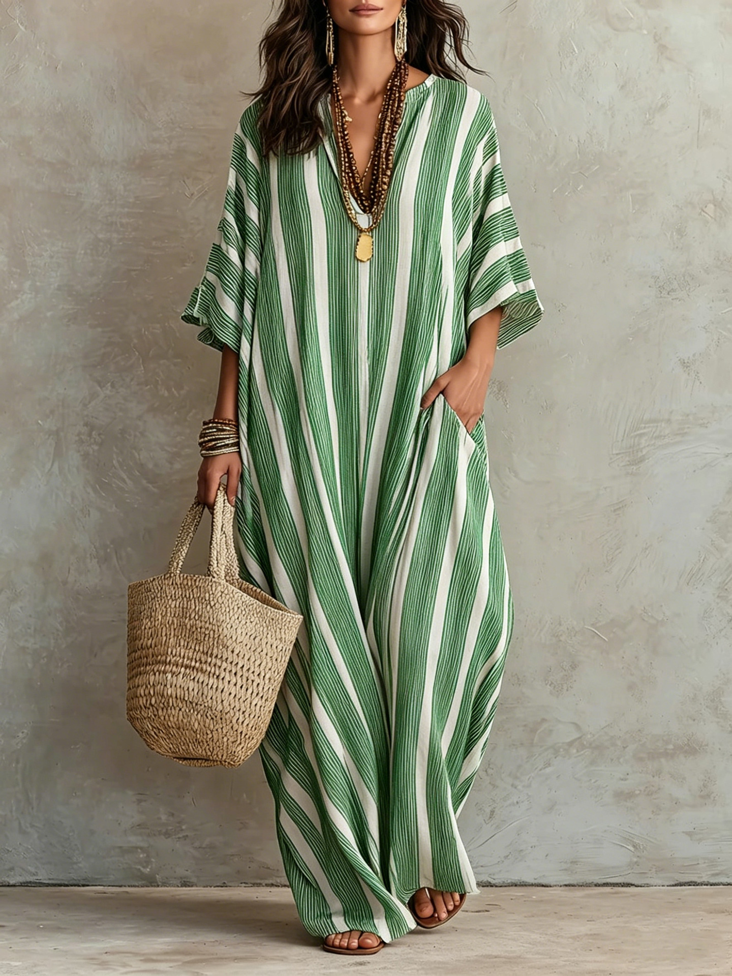 Striped Print A-Line Maxi Dress with Pockets
