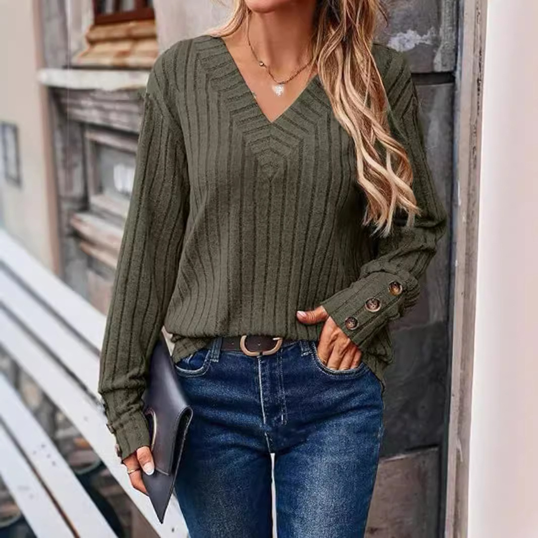 Women's Ribbed Knit V-Neck Button Long-Sleeve Sweatshirt