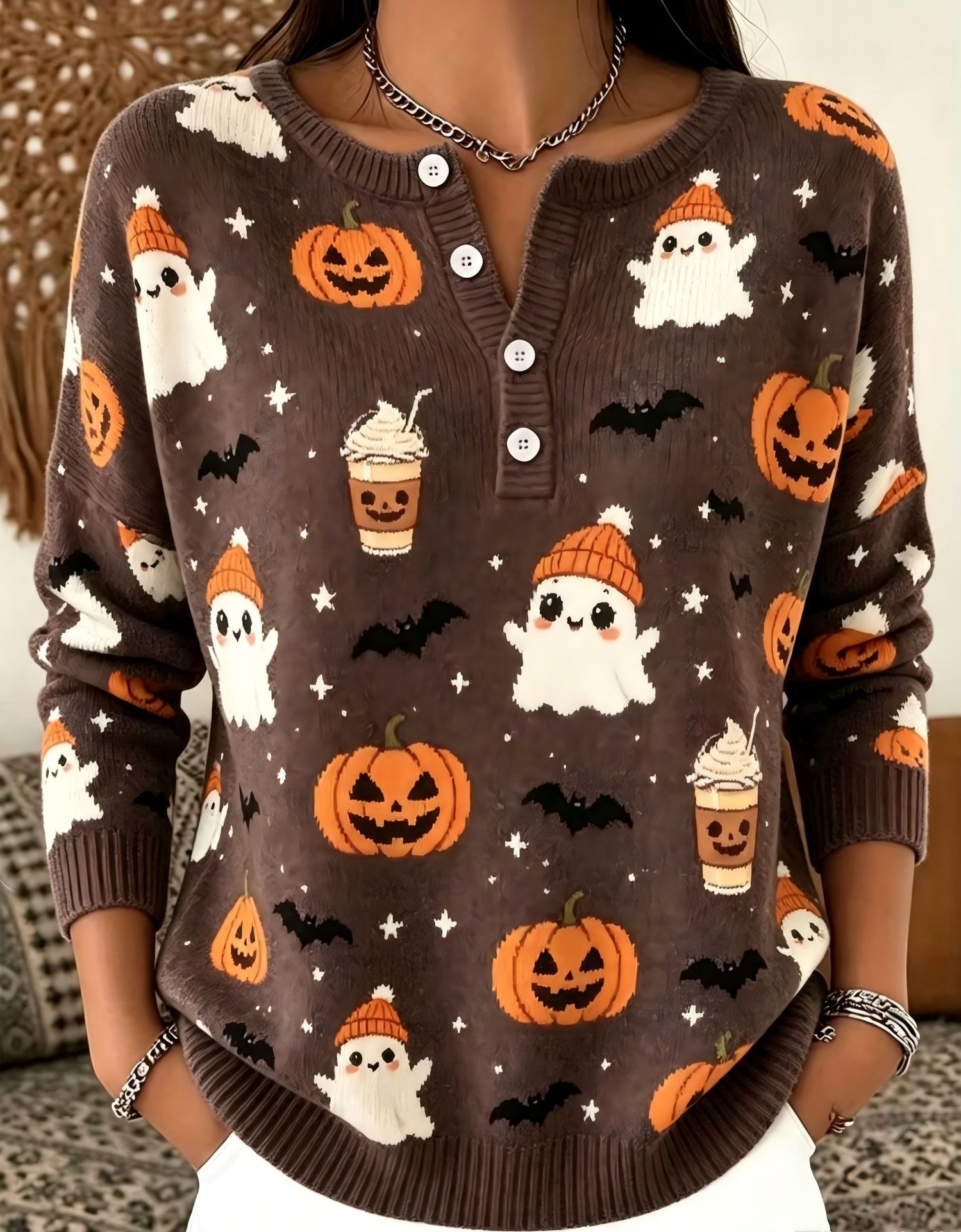 Women's Halloween Pumpkin Ghost Print Button Sweatshirt