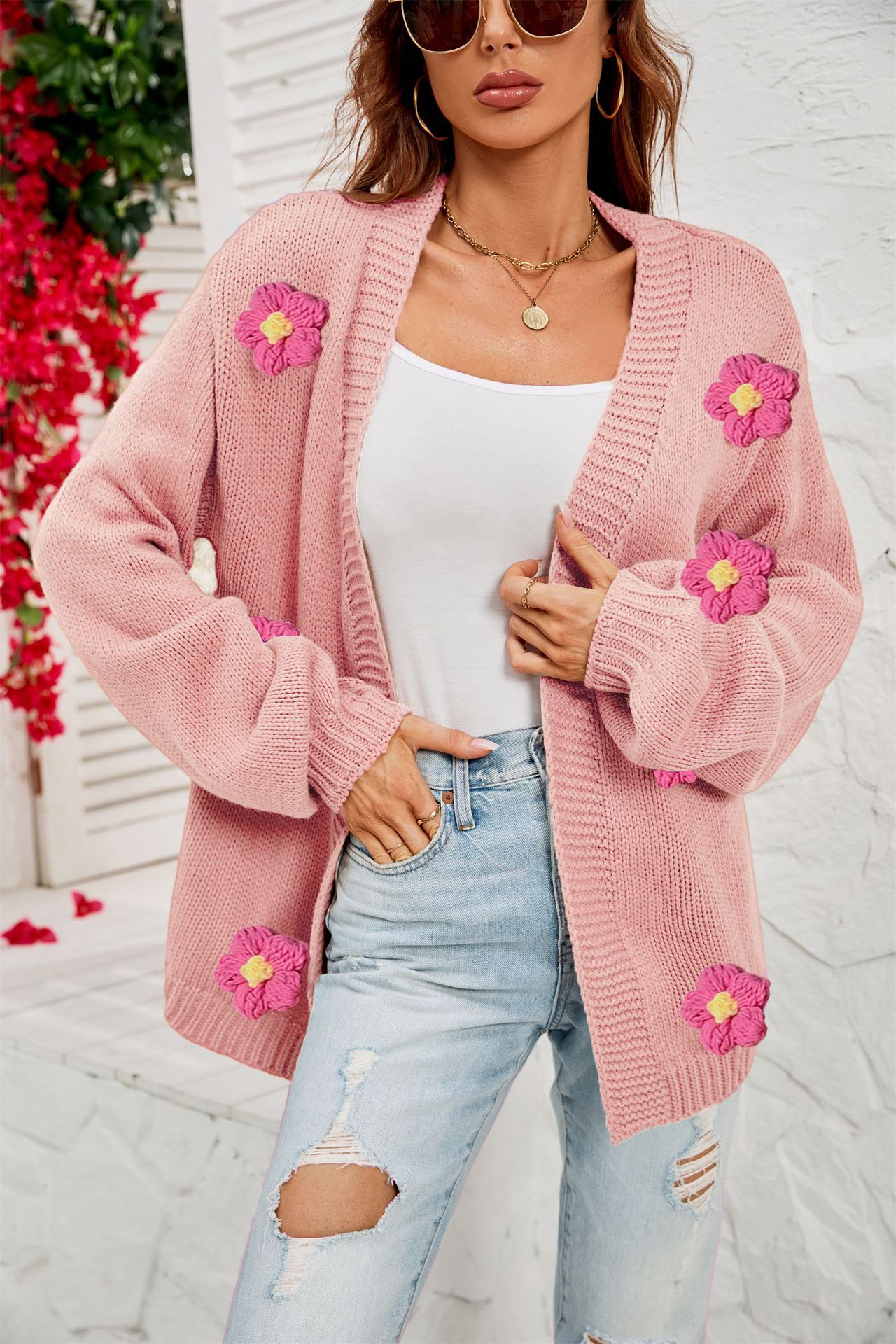 Floral Open-Front Cardigan with Lantern Sleeves